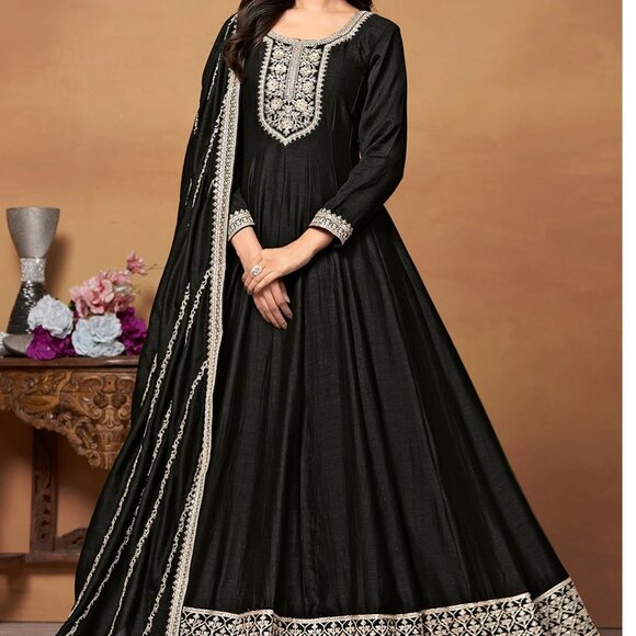 Midnight Majesty Art Silk Black Embroidered Festive Anarkali Suit - Picture 1 of 4
